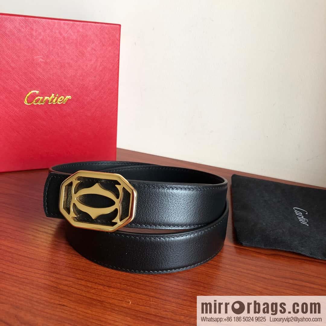 Cartier 3.5cm Stainless Steel Double C Hollow Metal Buckle Top Cowhide Sheep Textured Belt