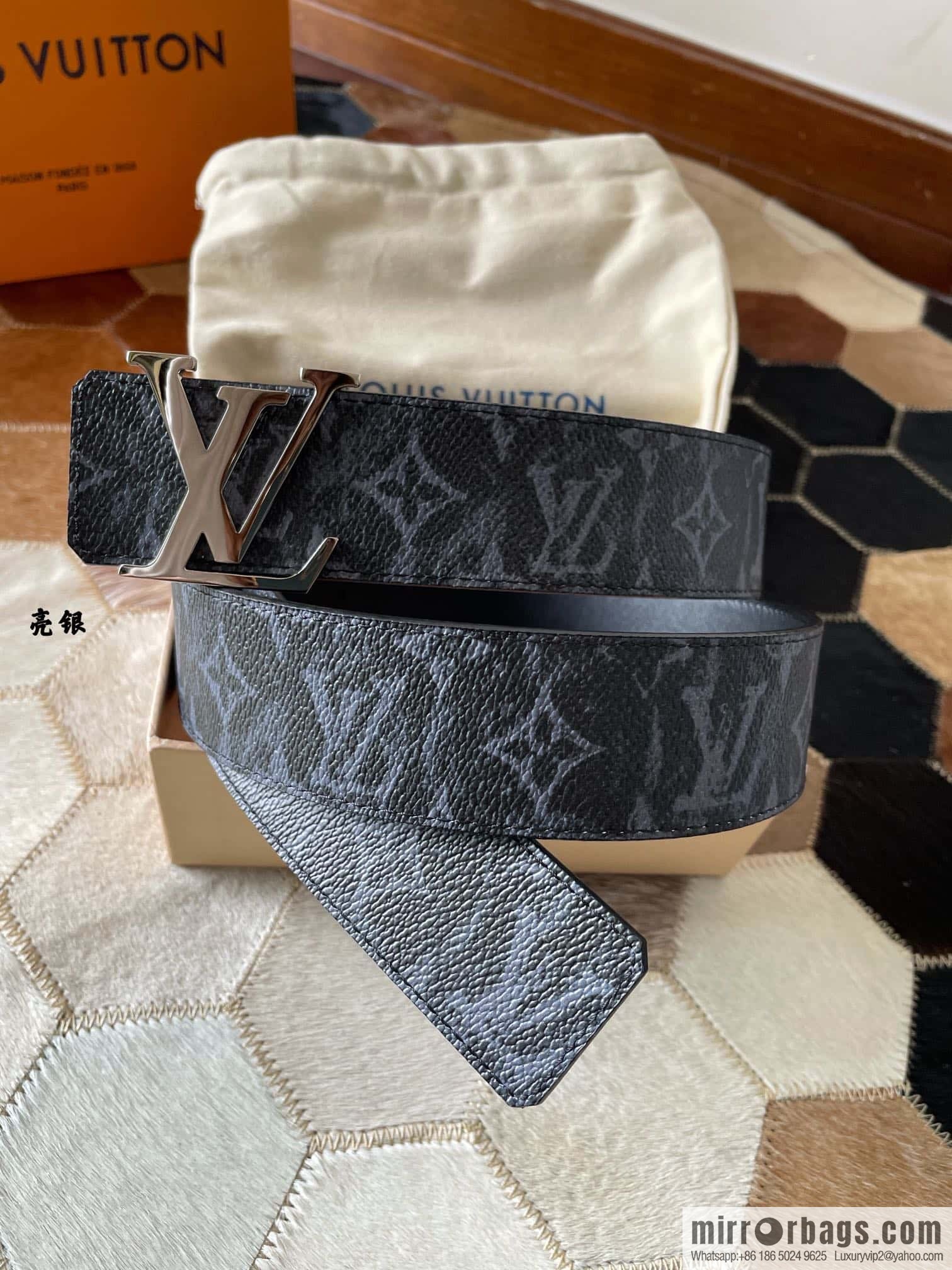 LV Monogram pattern calfskin, stainless steel letter rolling sand buckle 4.0CM belt