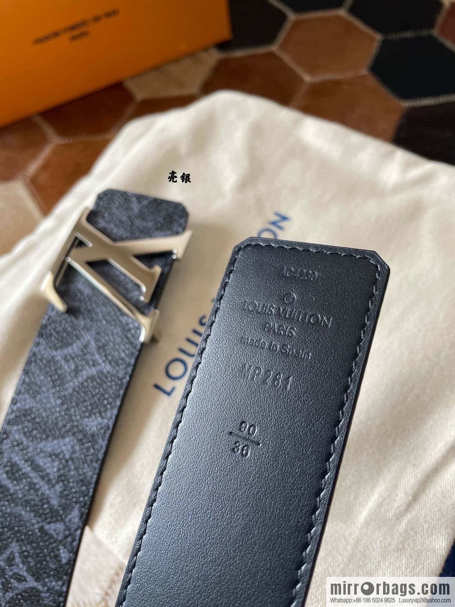 LV Monogram pattern calfskin, stainless steel letter rolling sand buckle 4.0CM belt