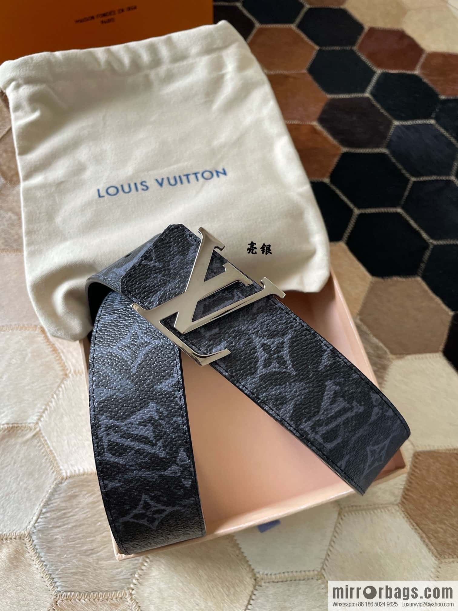 LV Monogram pattern calfskin, stainless steel letter rolling sand buckle 4.0CM belt