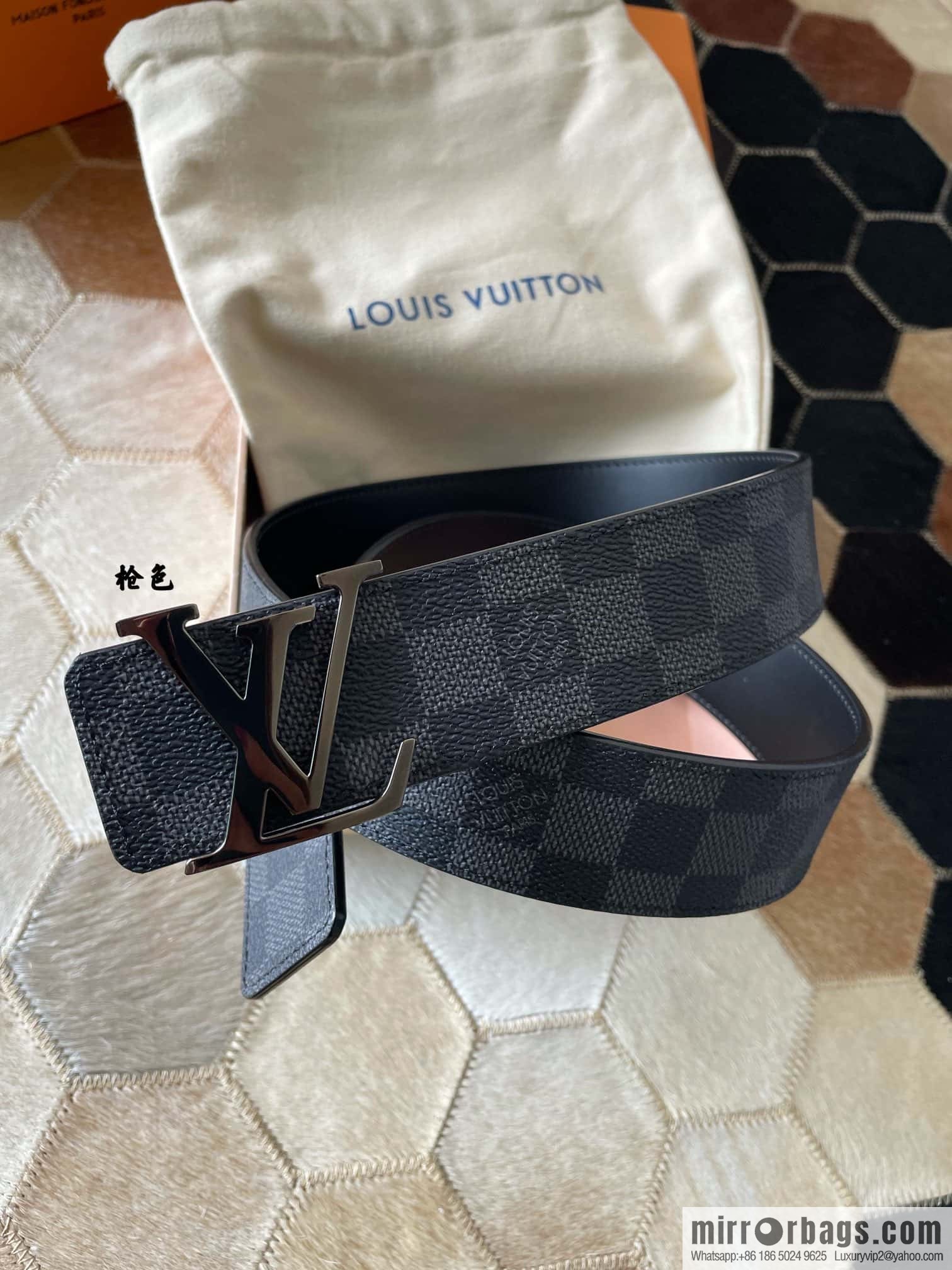 LV Monogram pattern calfskin, stainless steel letter rolling sand buckle 4.0CM belt