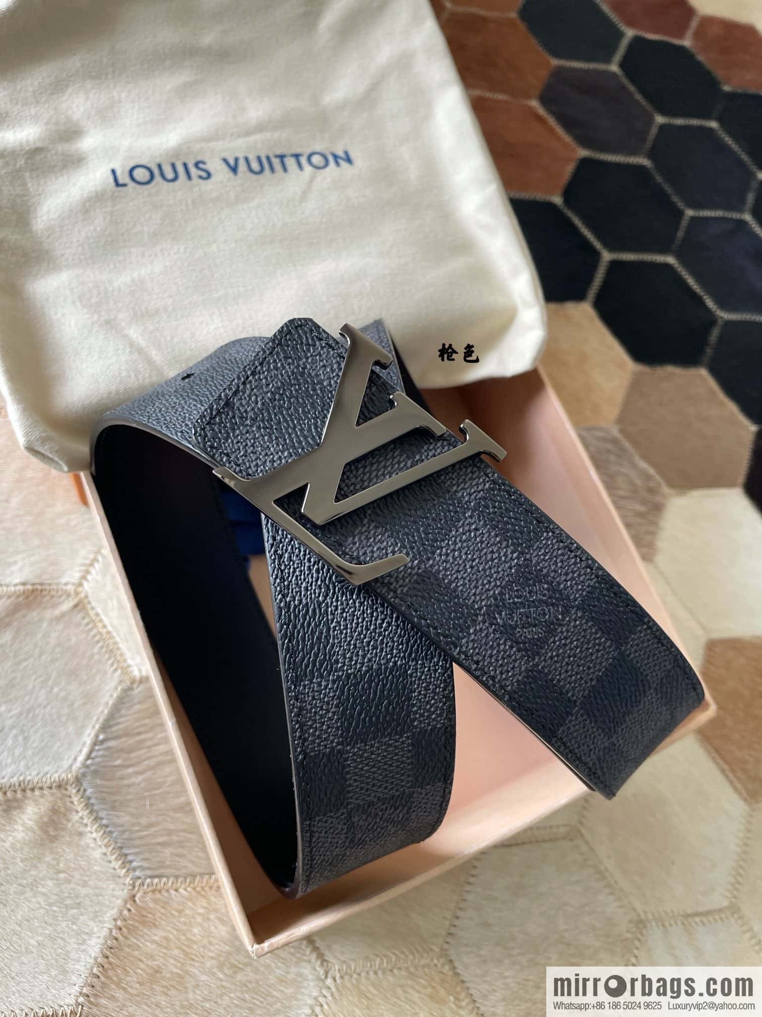 LV Monogram pattern calfskin, stainless steel letter rolling sand buckle 4.0CM belt
