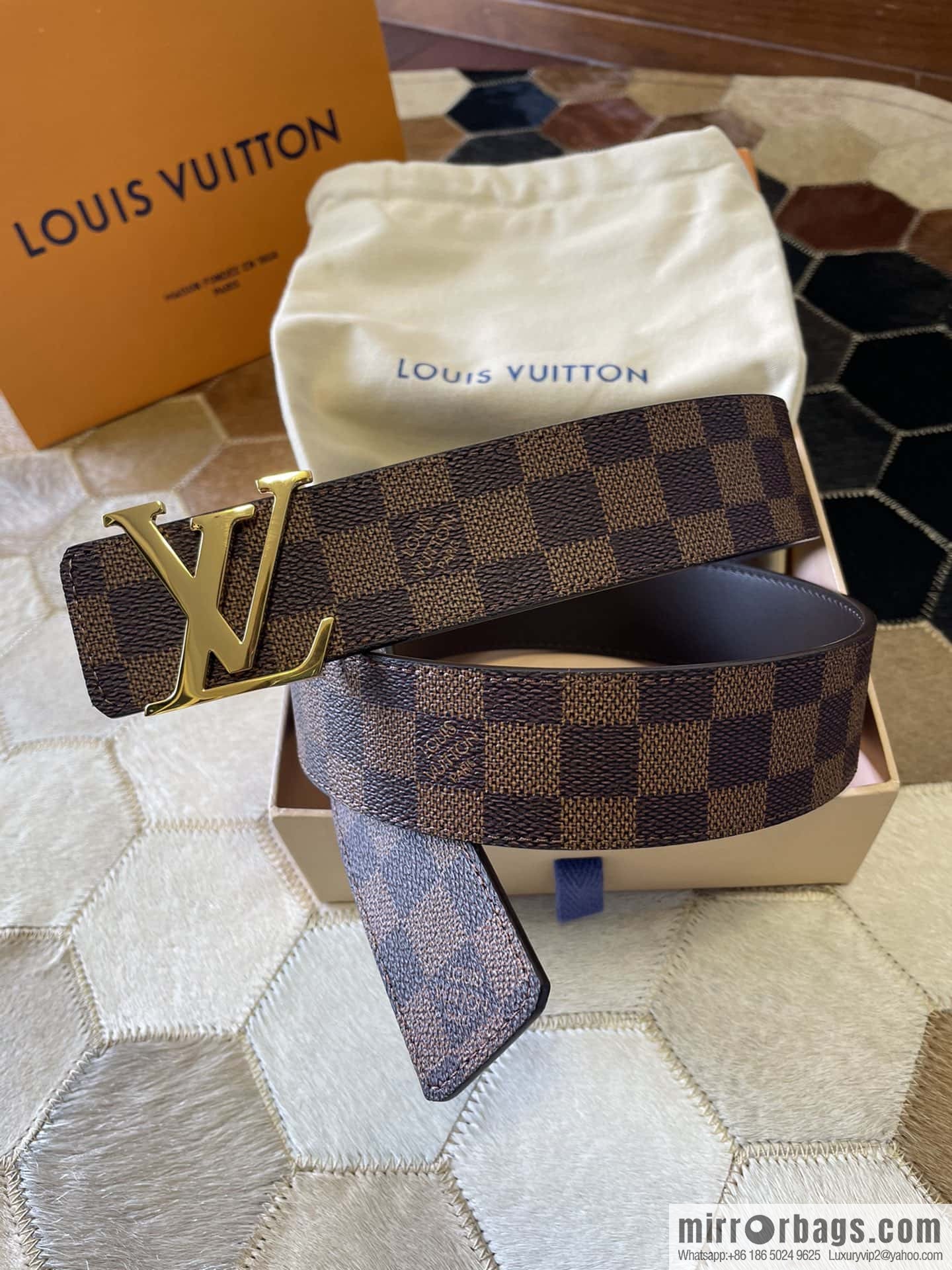 LV Monogram pattern calfskin, stainless steel letter rolling sand buckle 4.0CM belt