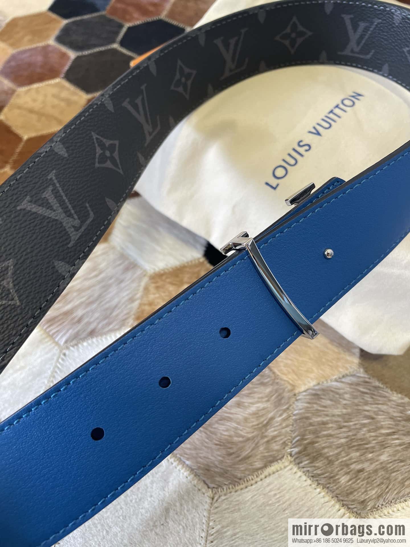 LV Monogram pattern calfskin, stainless steel letter rolling sand buckle 4.0CM belt