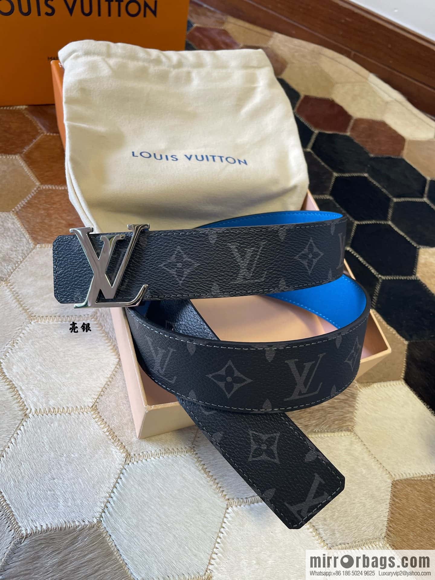 LV Monogram pattern calfskin, stainless steel letter rolling sand buckle 4.0CM belt