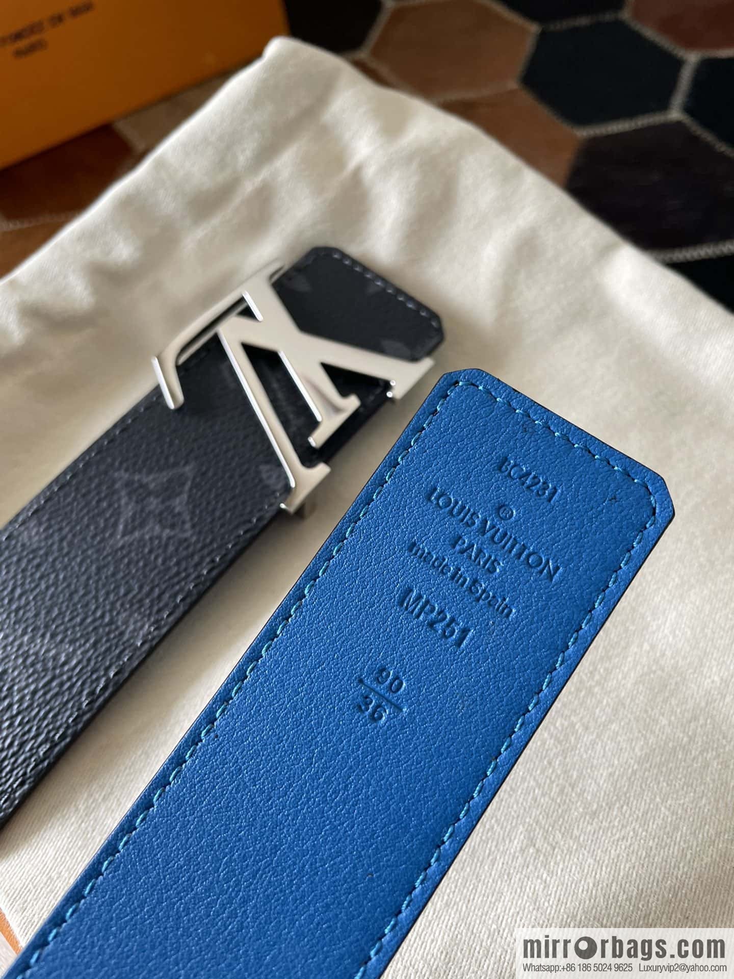 LV Monogram pattern calfskin, stainless steel letter rolling sand buckle 4.0CM belt