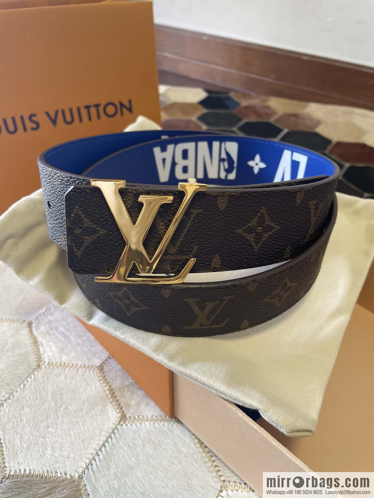 LV Monogram pattern calfskin, stainless steel letter rolling sand buckle 4.0CM belt
