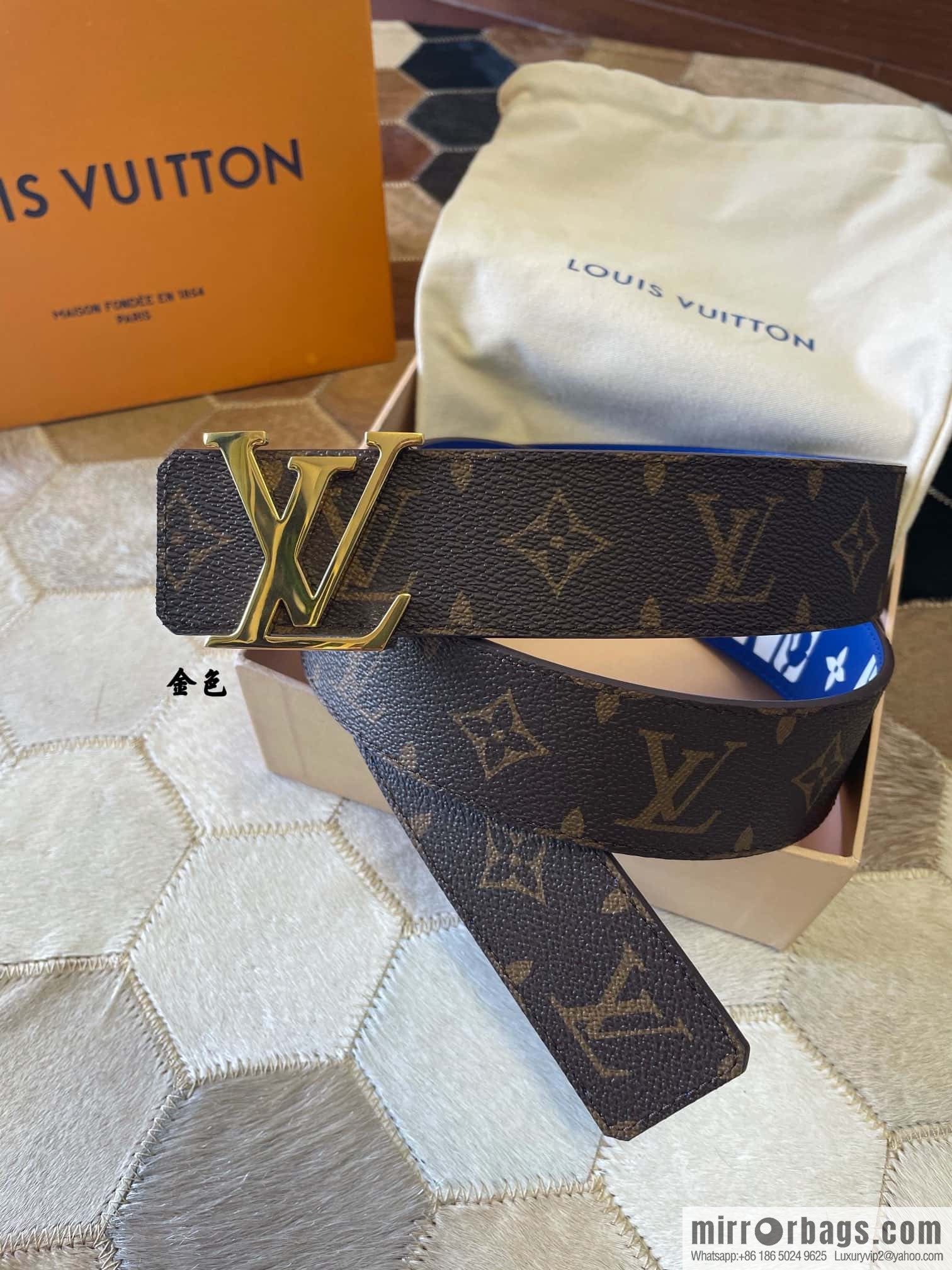 LV Monogram pattern calfskin, stainless steel letter rolling sand buckle 4.0CM belt