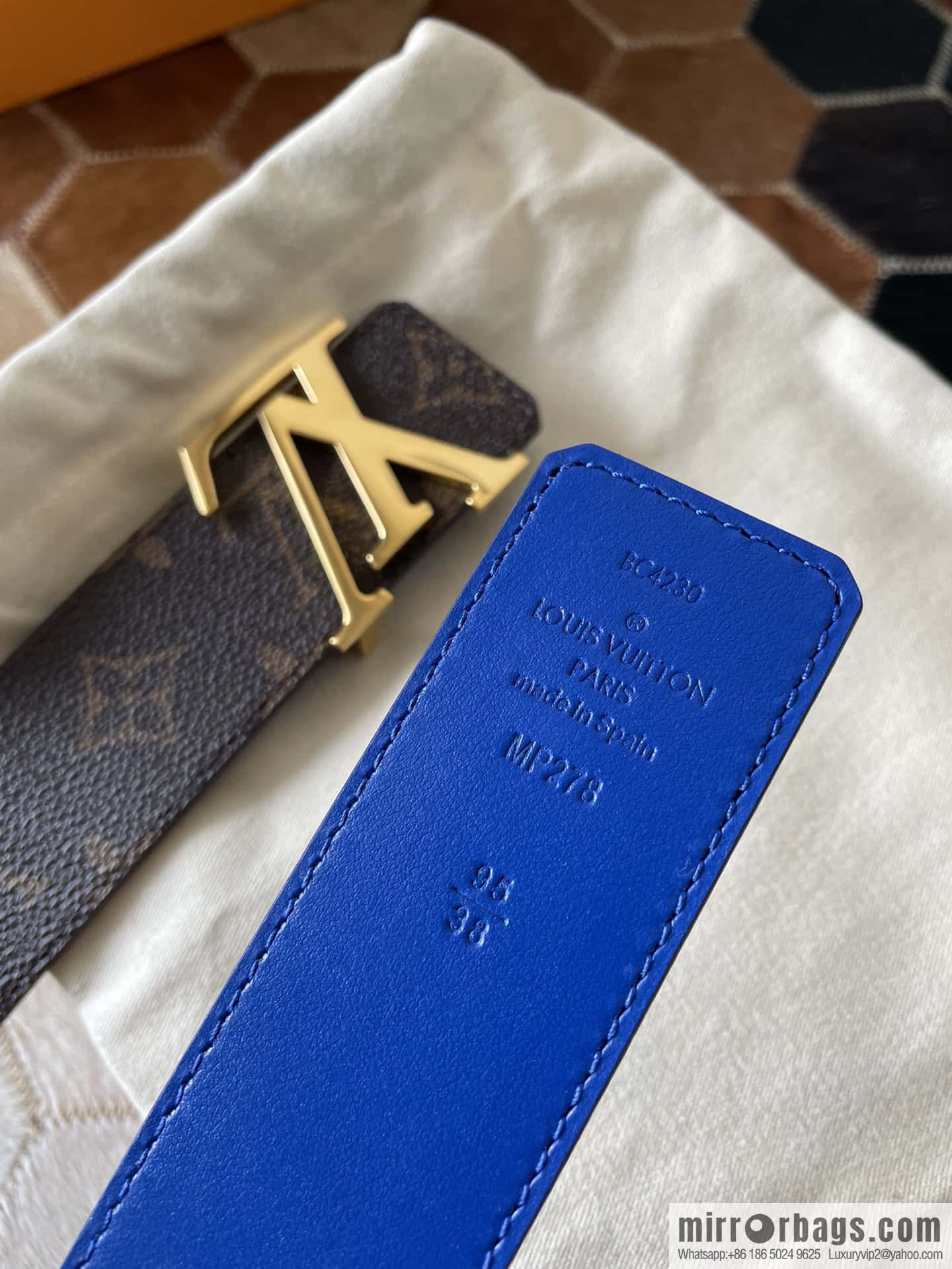 LV Monogram pattern calfskin, stainless steel letter rolling sand buckle 4.0CM belt