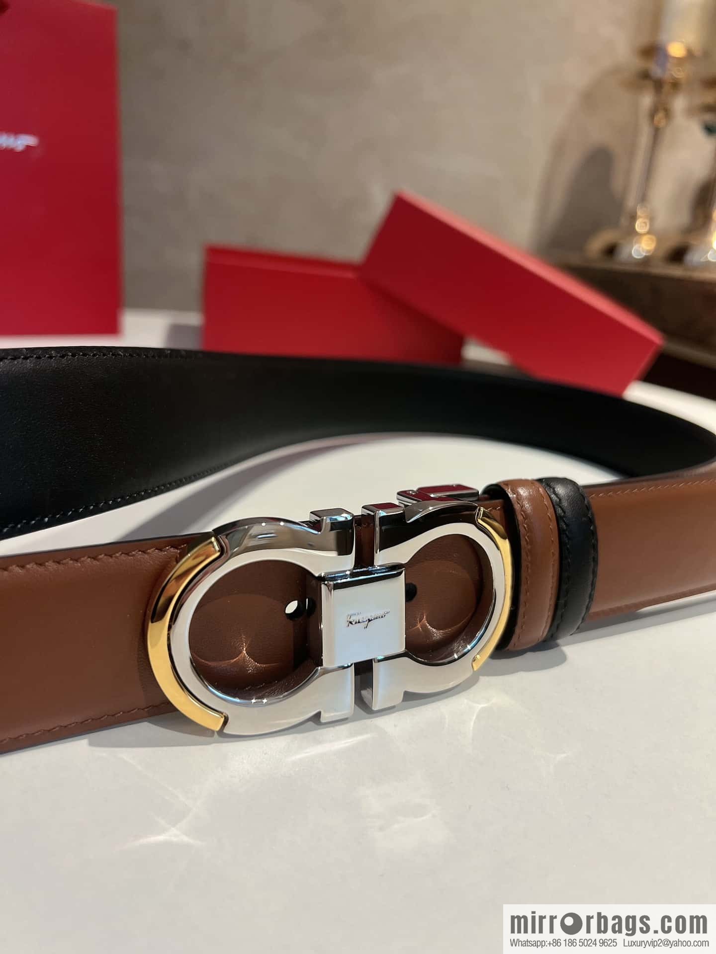 Salvatore Ferragamo Metal Buckle Two-Tone Design Men's Belt 3,5cm