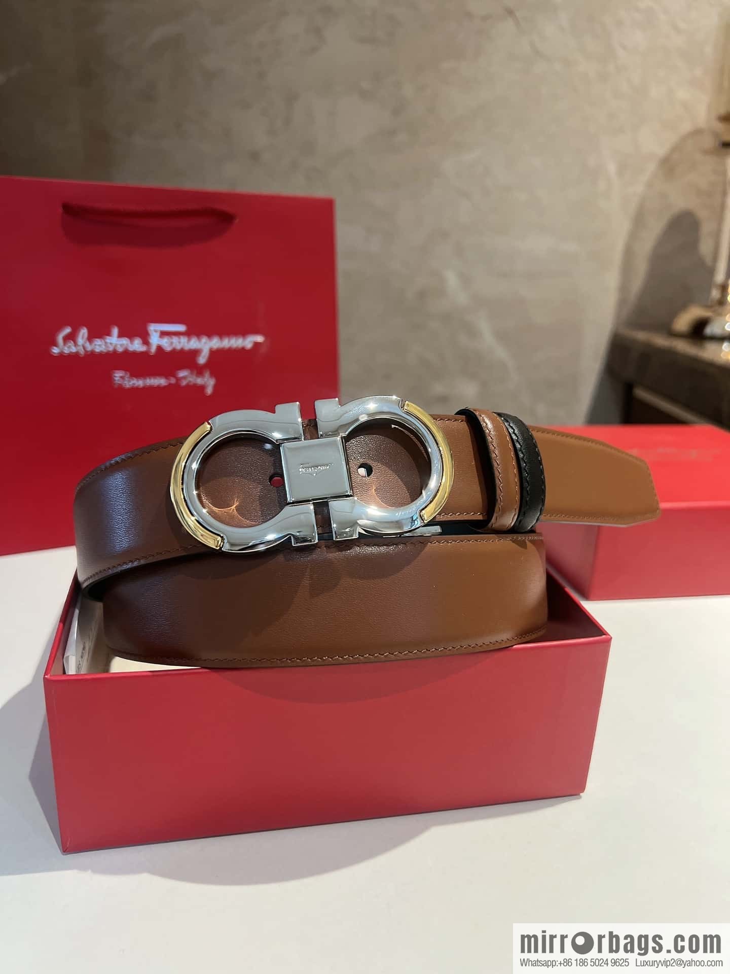 Salvatore Ferragamo Metal Buckle Two-Tone Design Men's Belt 3,5cm