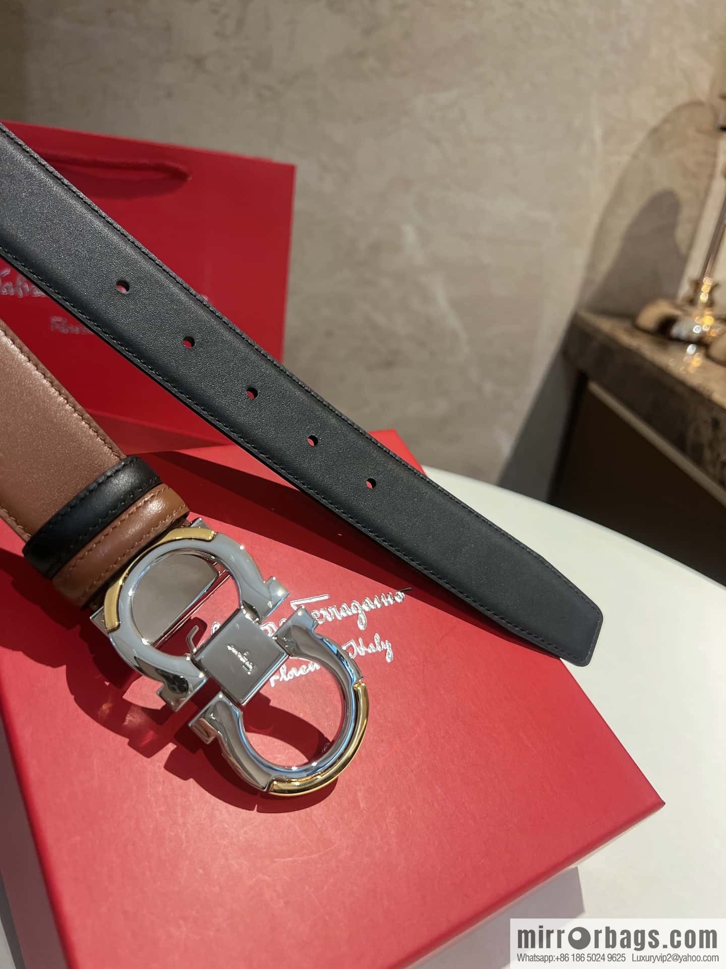 Salvatore Ferragamo Metal Buckle Two-Tone Design Men's Belt 3,5cm