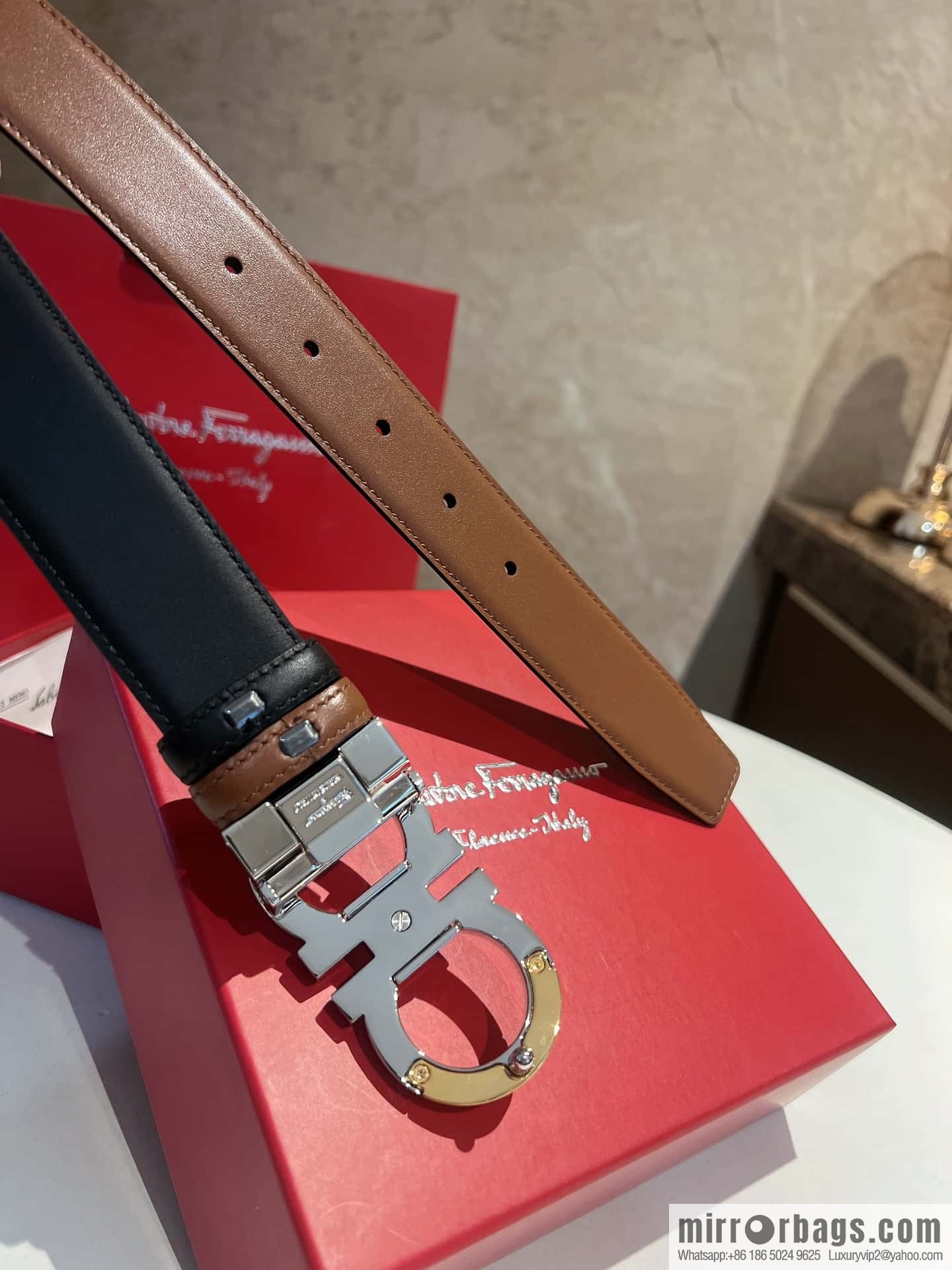 Salvatore Ferragamo Metal Buckle Two-Tone Design Men's Belt 3,5cm