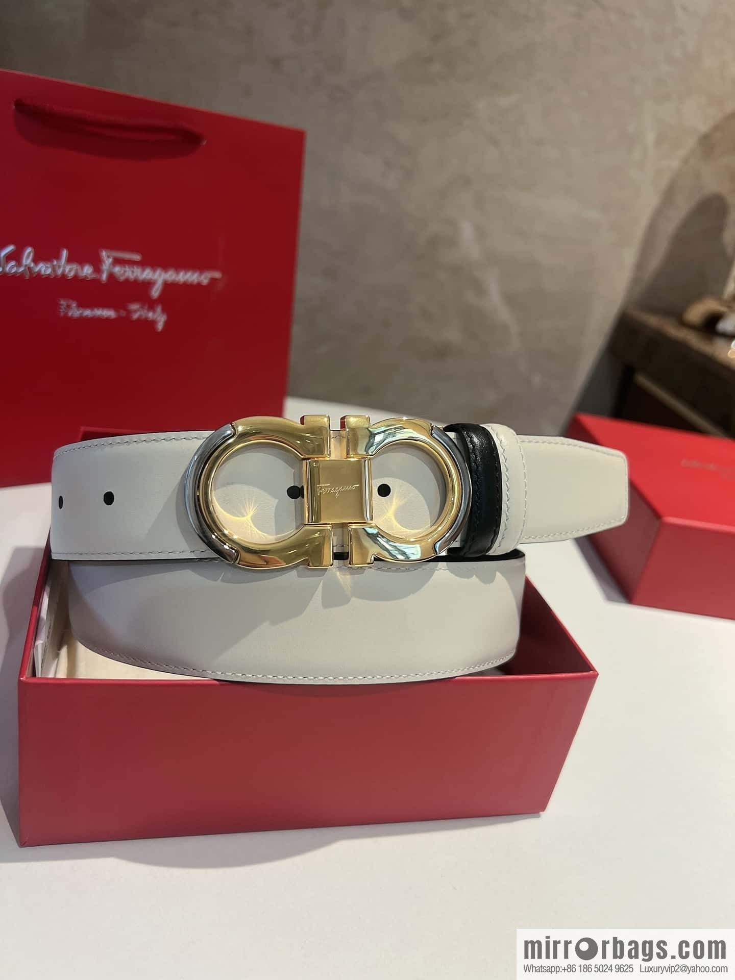 Salvatore Ferragamo Metal Buckle Two-Tone Design Men's Belt 3,5cm