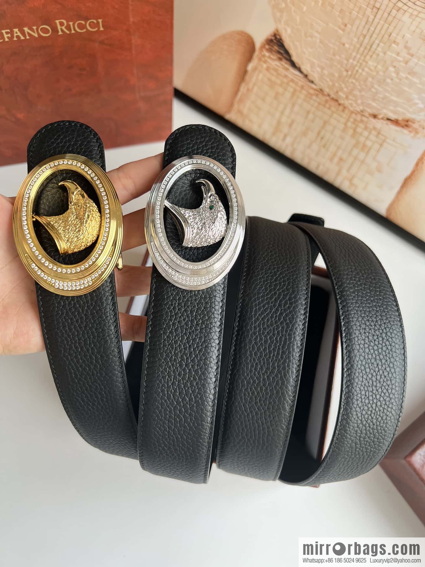 Stefano Ricci Stephen, Stainless Steel Eagle Metal Buckle 3.8cm Cowhide Litchi Belt