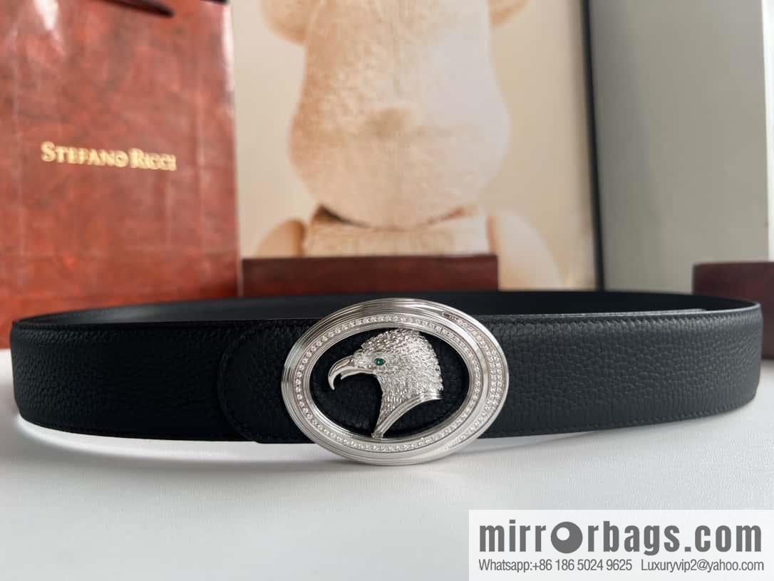 Stefano Ricci Stephen, Stainless Steel Eagle Metal Buckle 3.8cm Cowhide Litchi Belt