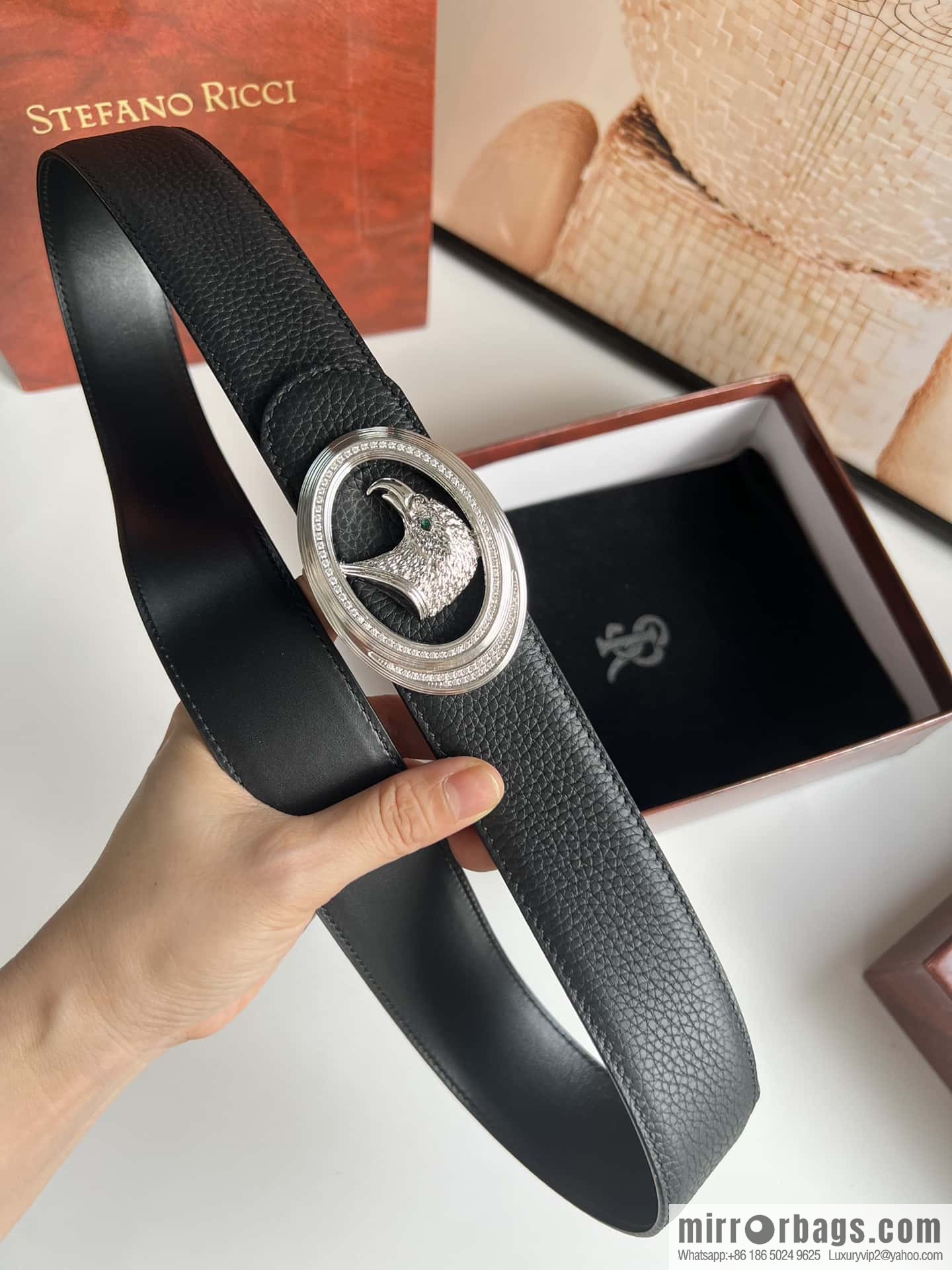Stefano Ricci Stephen, Stainless Steel Eagle Metal Buckle 3.8cm Cowhide Litchi Belt