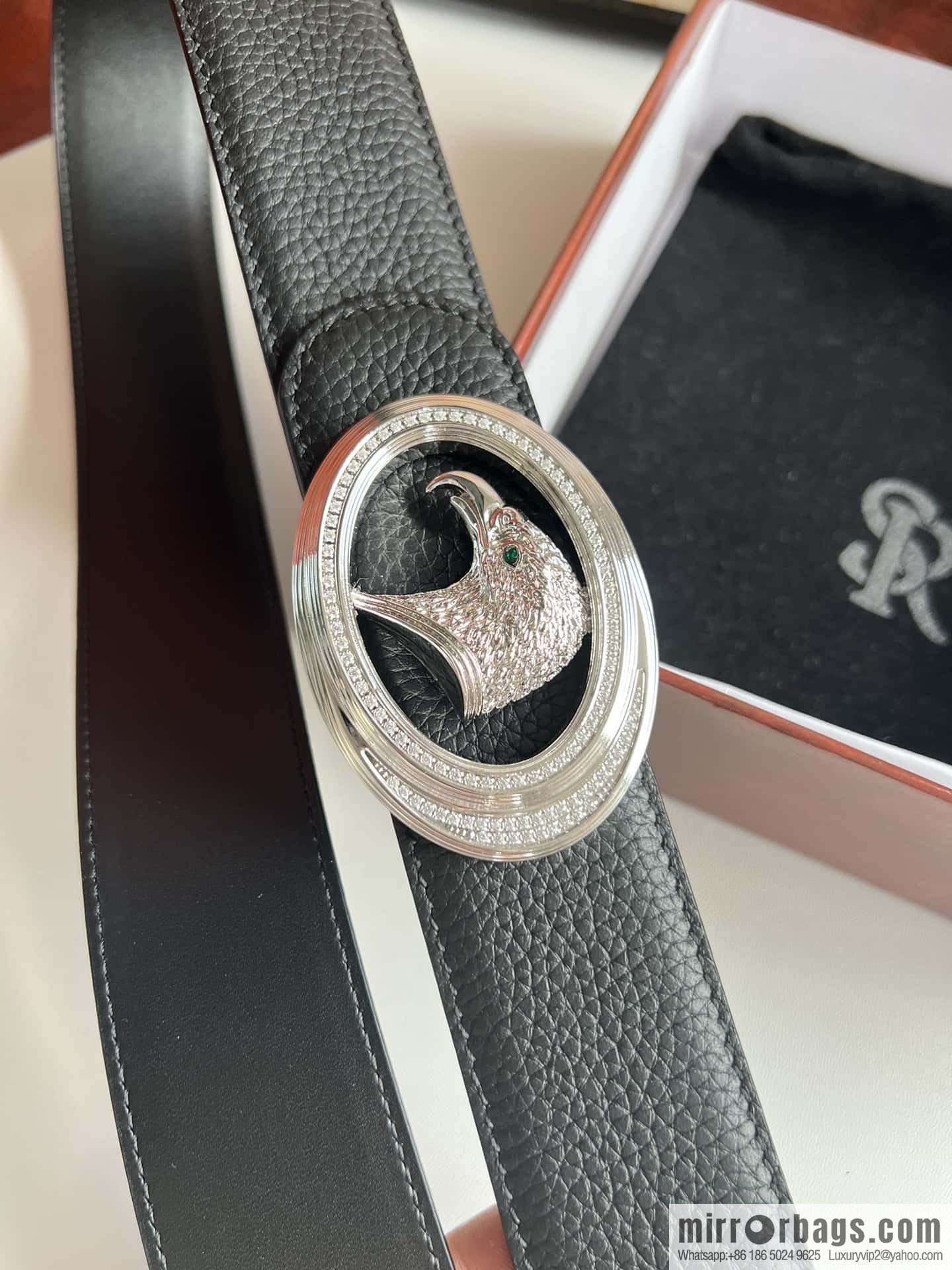 Stefano Ricci Stephen, Stainless Steel Eagle Metal Buckle 3.8cm Cowhide Litchi Belt