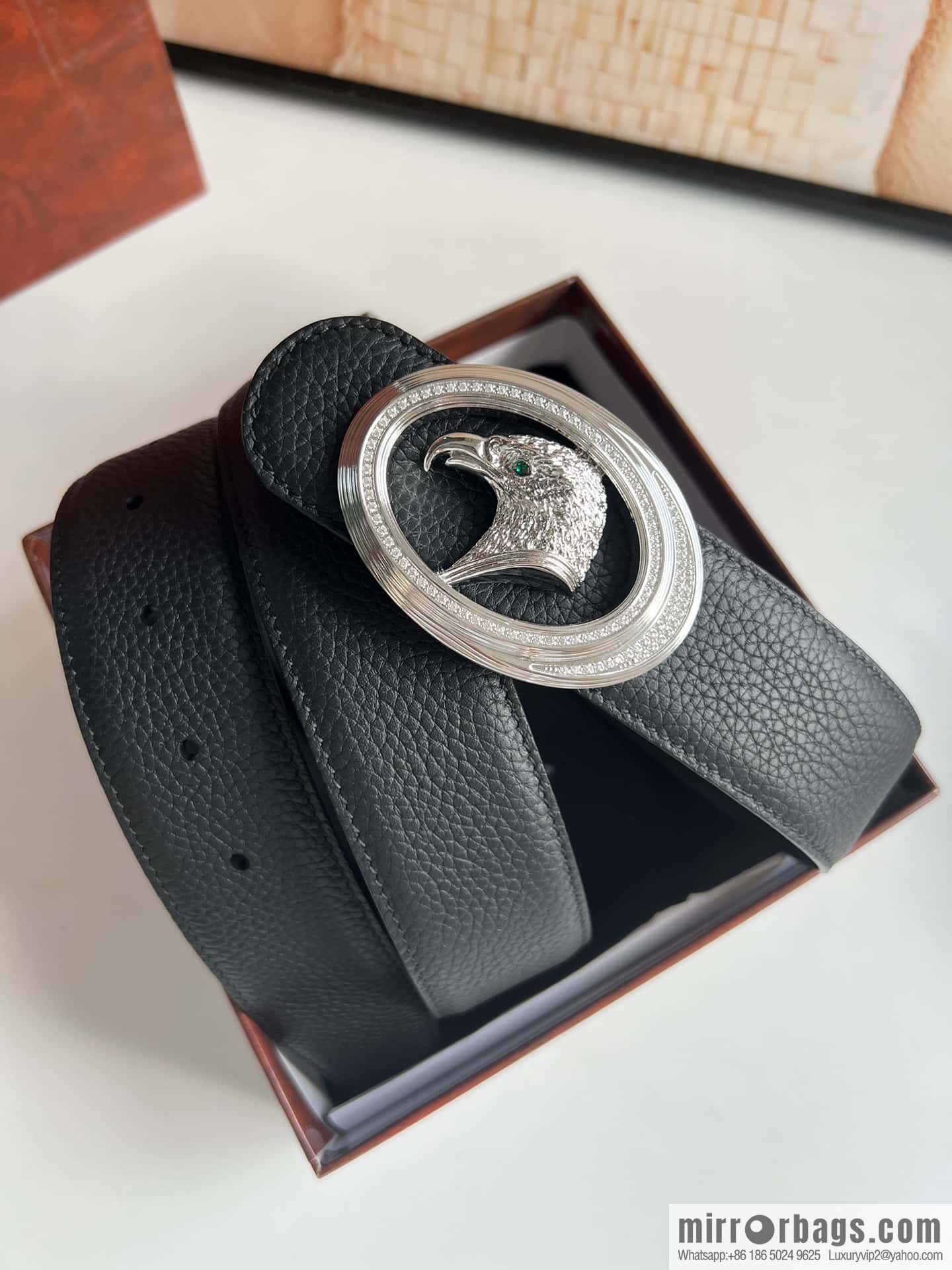 Stefano Ricci Stephen, Stainless Steel Eagle Metal Buckle 3.8cm Cowhide Litchi Belt