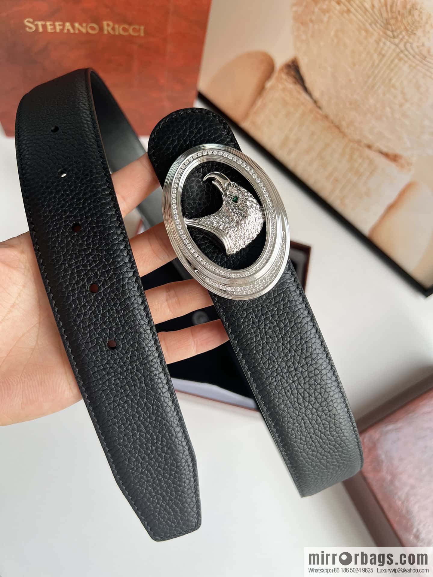 Stefano Ricci Stephen, Stainless Steel Eagle Metal Buckle 3.8cm Cowhide Litchi Belt