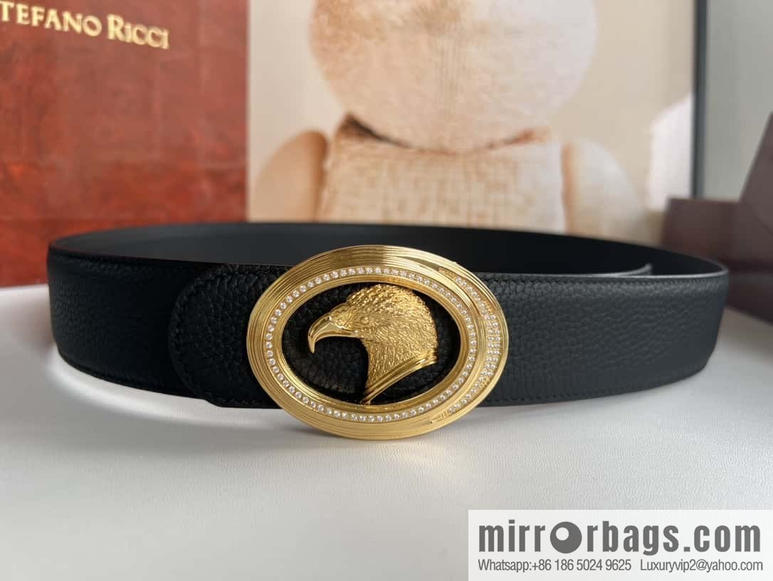 Stefano Ricci Stephen, Stainless Steel Eagle Metal Buckle 3.8cm Cowhide Litchi Belt