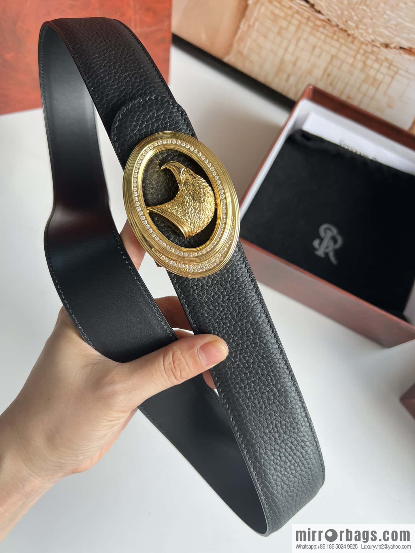 Stefano Ricci Stephen, Stainless Steel Eagle Metal Buckle 3.8cm Cowhide Litchi Belt