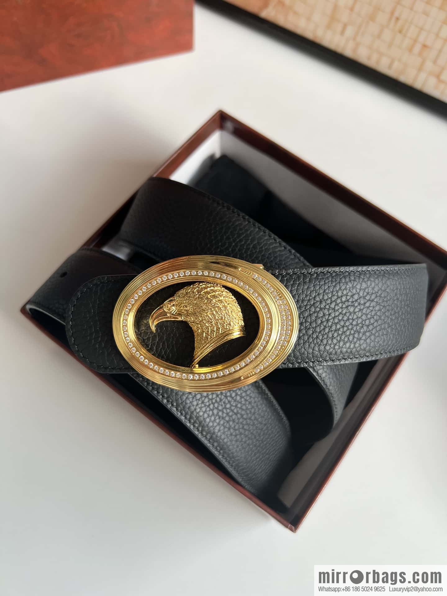 Stefano Ricci Stephen, Stainless Steel Eagle Metal Buckle 3.8cm Cowhide Litchi Belt