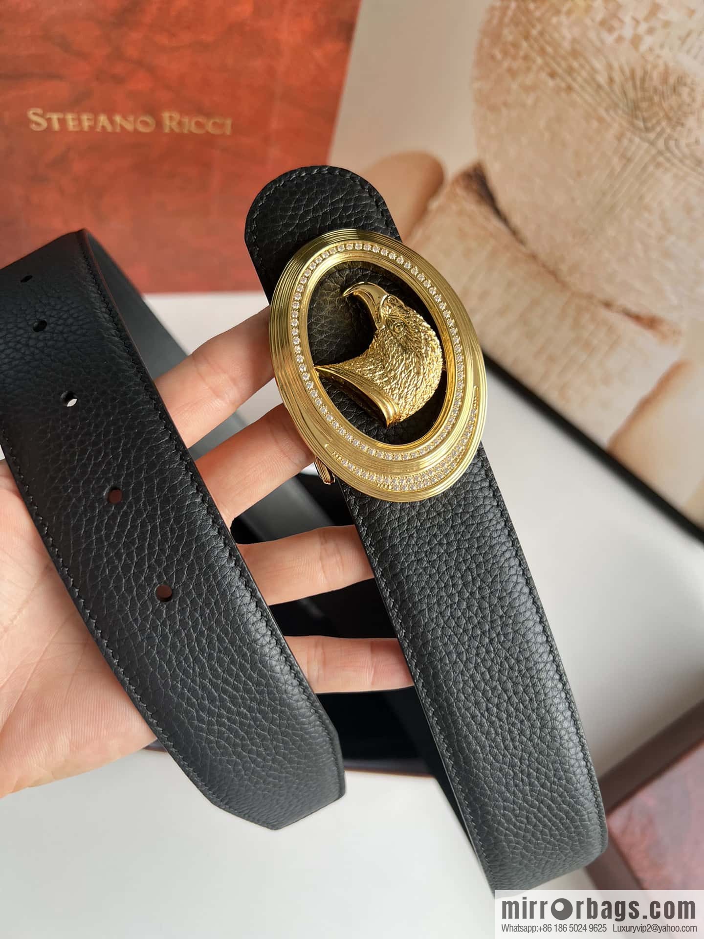 Stefano Ricci Stephen, Stainless Steel Eagle Metal Buckle 3.8cm Cowhide Litchi Belt