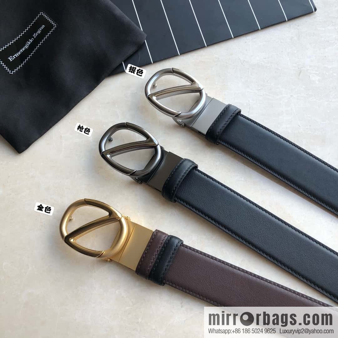 Zegna, men's black/dark brown top layer cowhide leather plate buckle belt 3.5cm