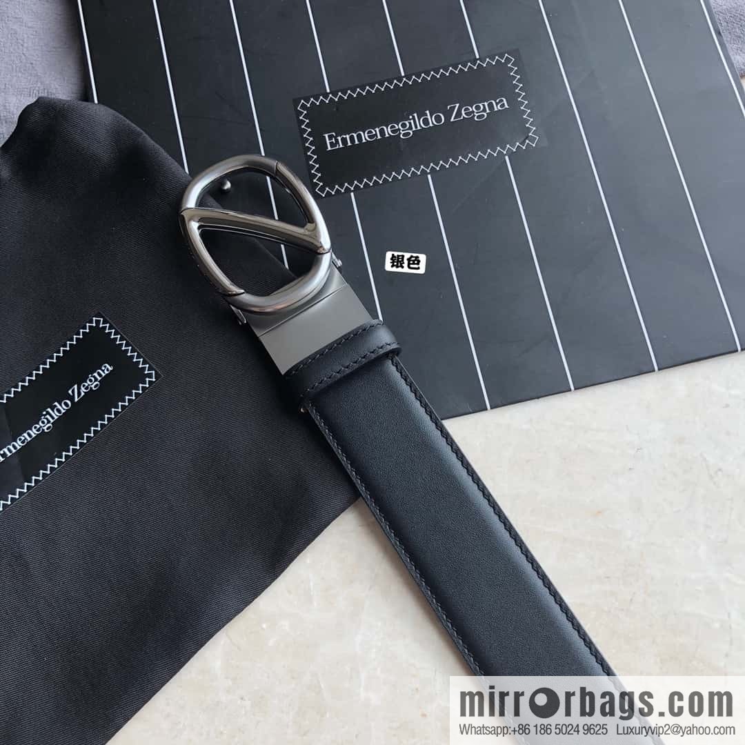 Zegna, men's black/dark brown top layer cowhide leather plate buckle belt 3.5cm