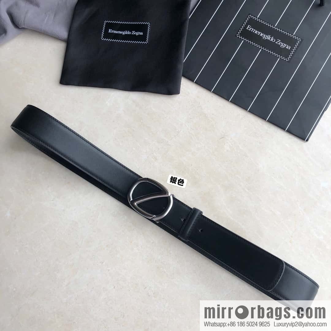 Zegna, men's black/dark brown top layer cowhide leather plate buckle belt 3.5cm
