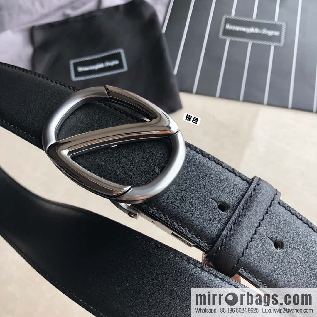 Zegna, men's black/dark brown top layer cowhide leather plate buckle belt 3.5cm