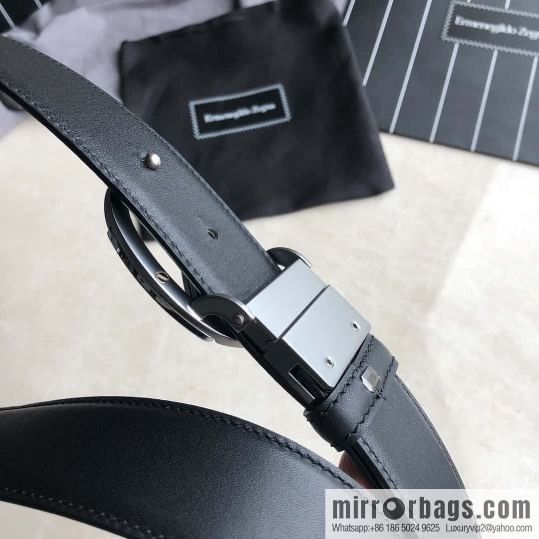 Zegna, men's black/dark brown top layer cowhide leather plate buckle belt 3.5cm
