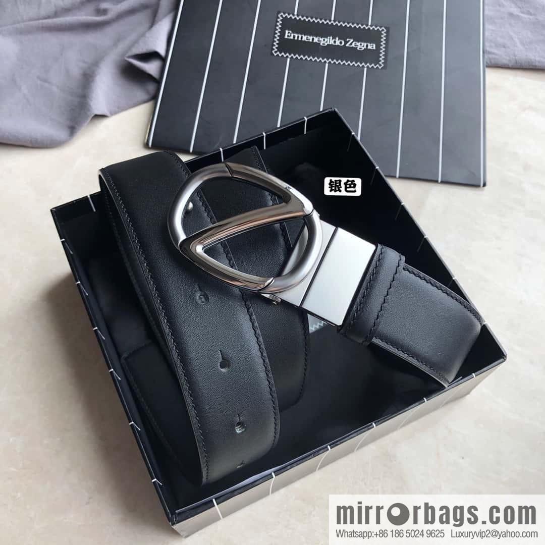 Zegna, men's black/dark brown top layer cowhide leather plate buckle belt 3.5cm