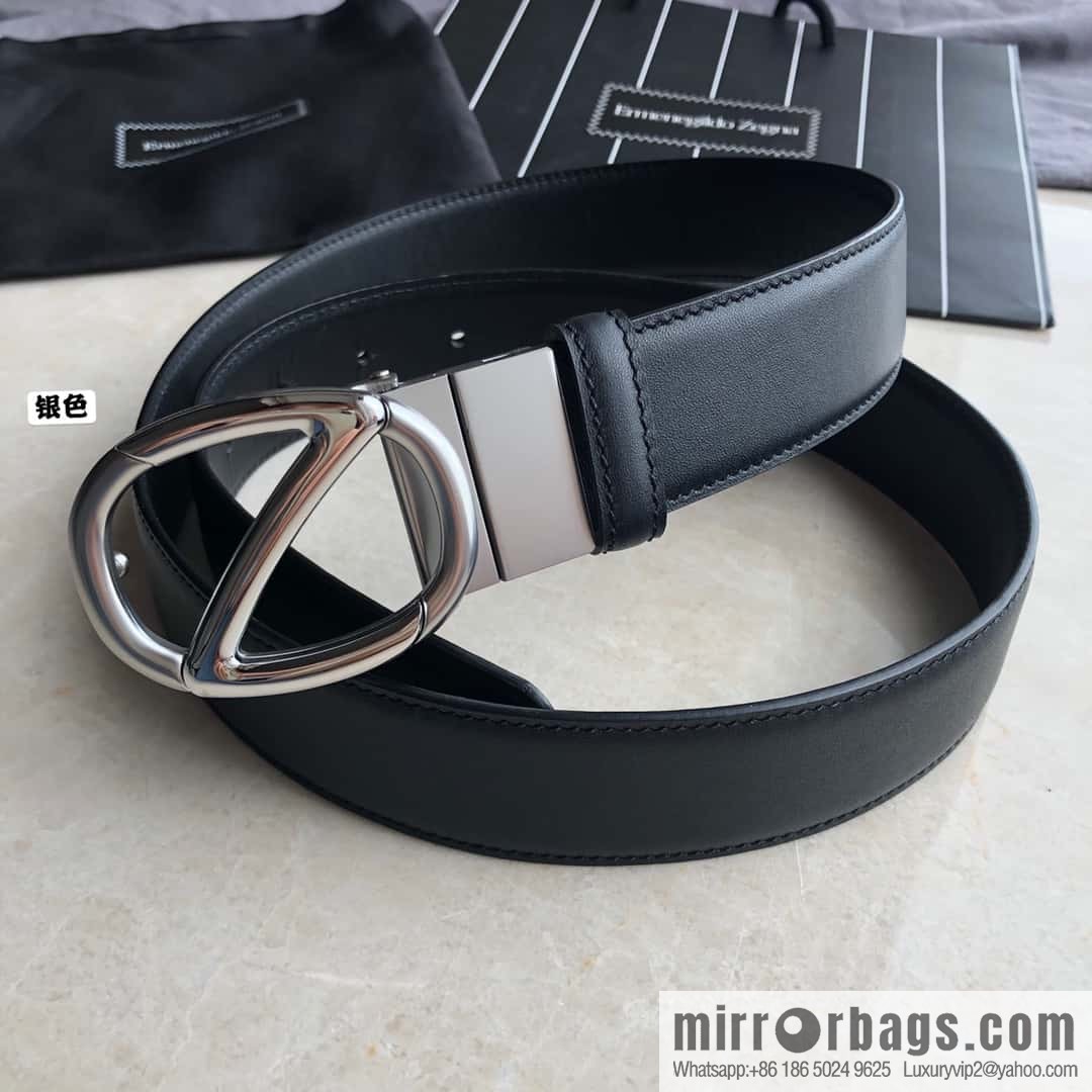 Zegna, men's black/dark brown top layer cowhide leather plate buckle belt 3.5cm