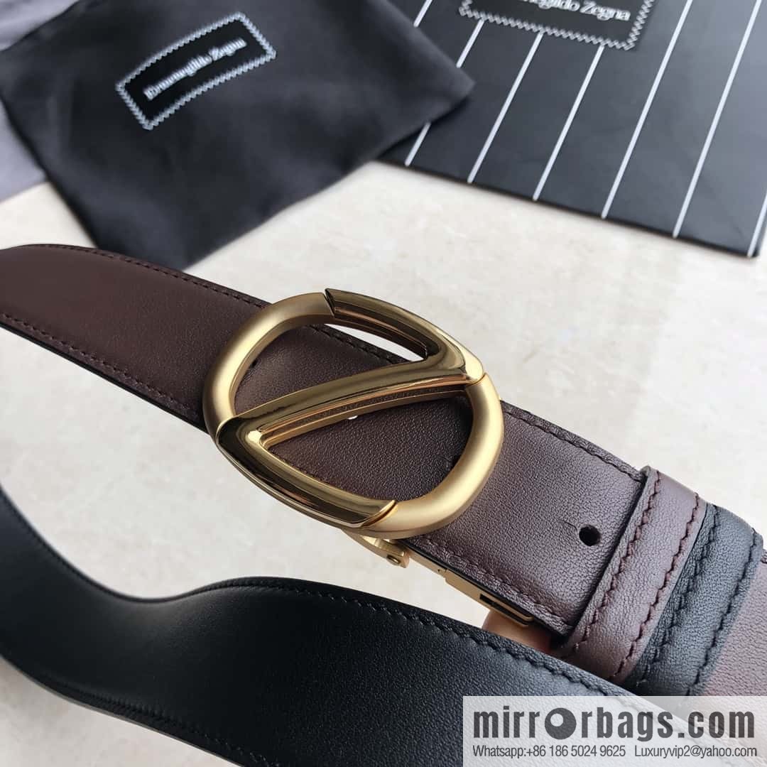 Zegna, men's black/dark brown top layer cowhide leather plate buckle belt 3.5cm