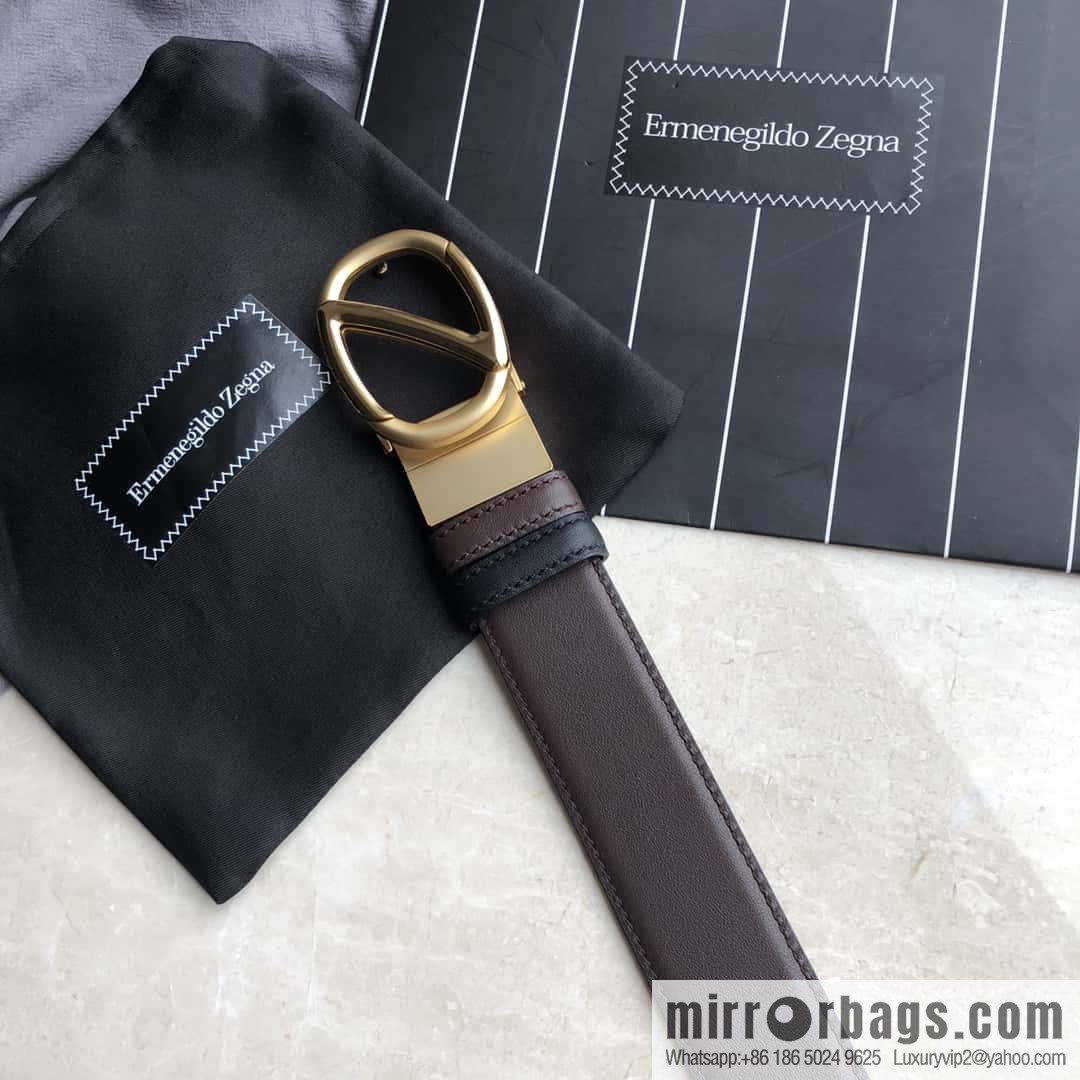 Zegna, men's black/dark brown top layer cowhide leather plate buckle belt 3.5cm