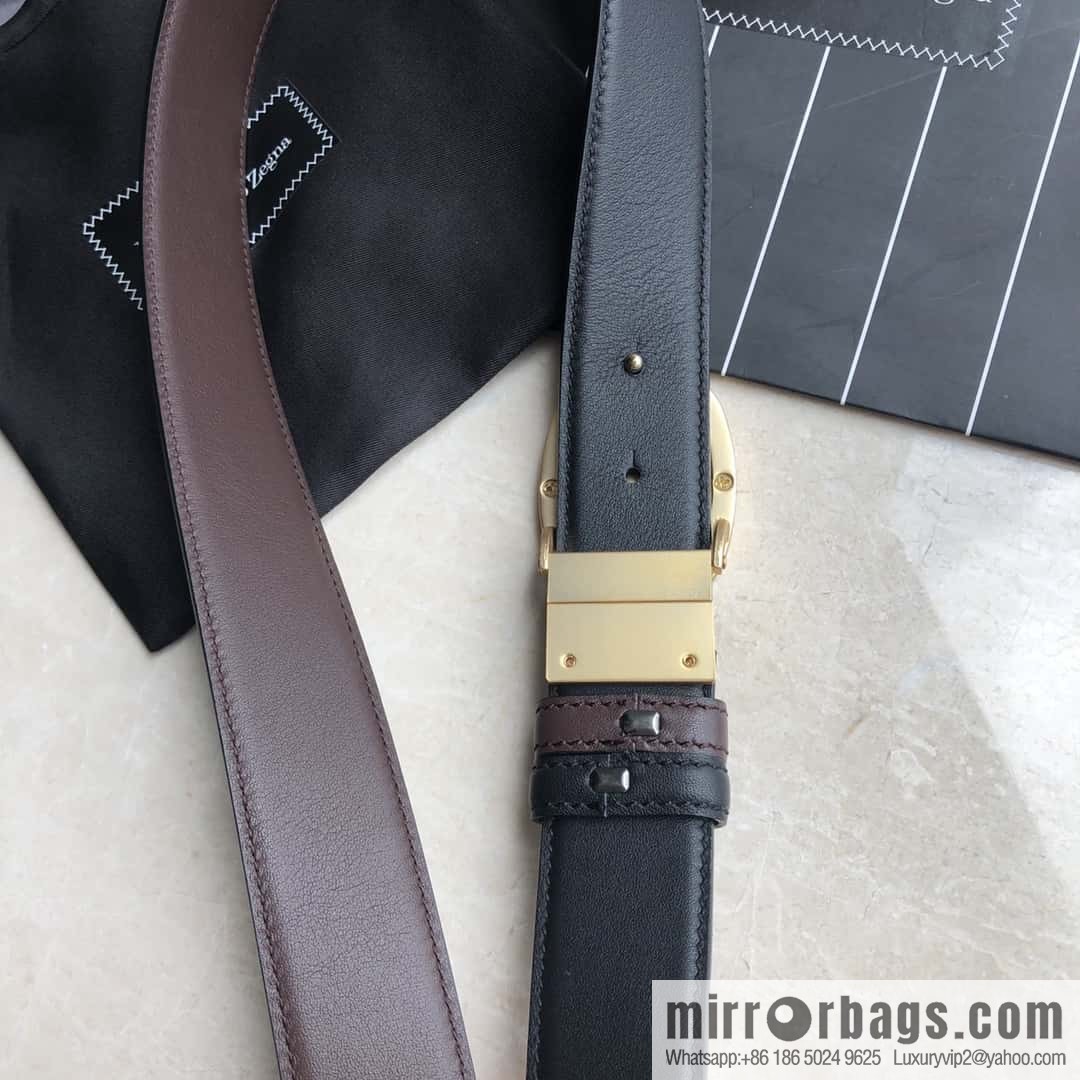 Zegna, men's black/dark brown top layer cowhide leather plate buckle belt 3.5cm