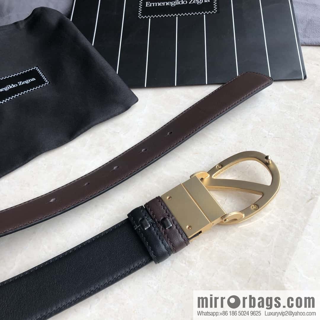 Zegna, men's black/dark brown top layer cowhide leather plate buckle belt 3.5cm