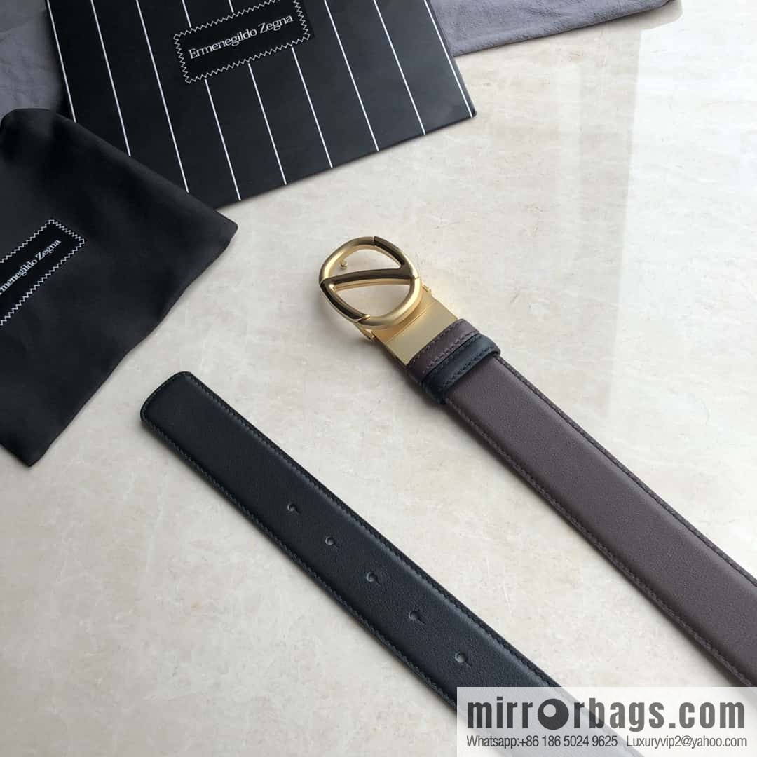 Zegna, men's black/dark brown top layer cowhide leather plate buckle belt 3.5cm