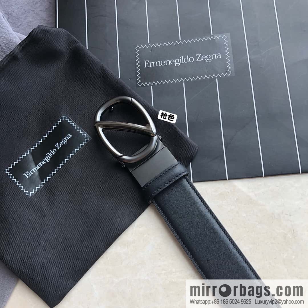 Zegna, men's black/dark brown top layer cowhide leather plate buckle belt 3.5cm