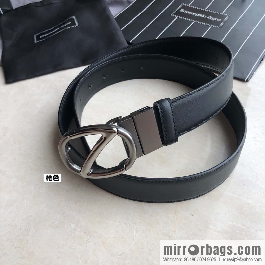 Zegna, men's black/dark brown top layer cowhide leather plate buckle belt 3.5cm