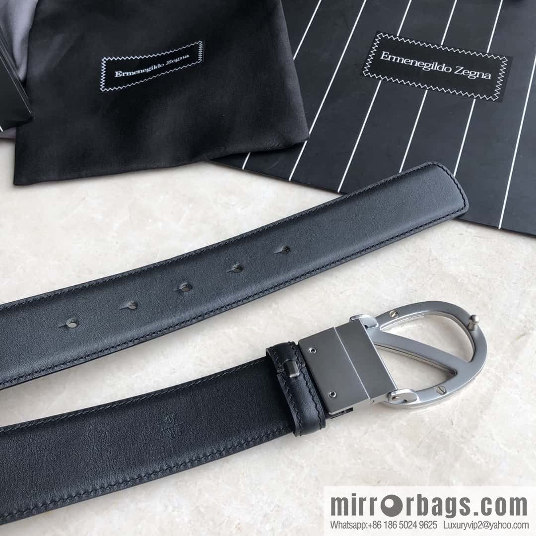 Zegna, men's black/dark brown top layer cowhide leather plate buckle belt 3.5cm