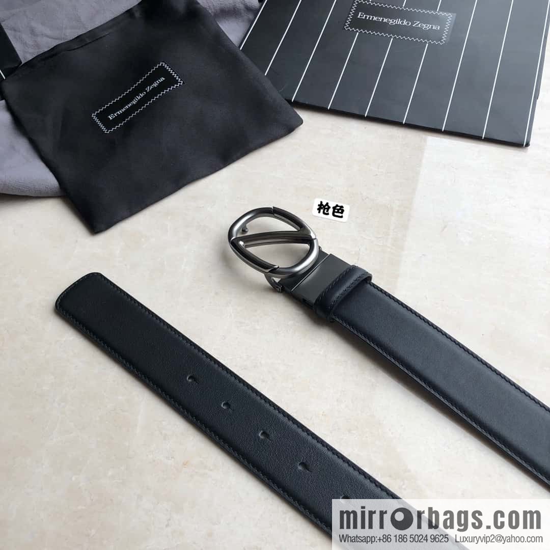 Zegna, men's black/dark brown top layer cowhide leather plate buckle belt 3.5cm