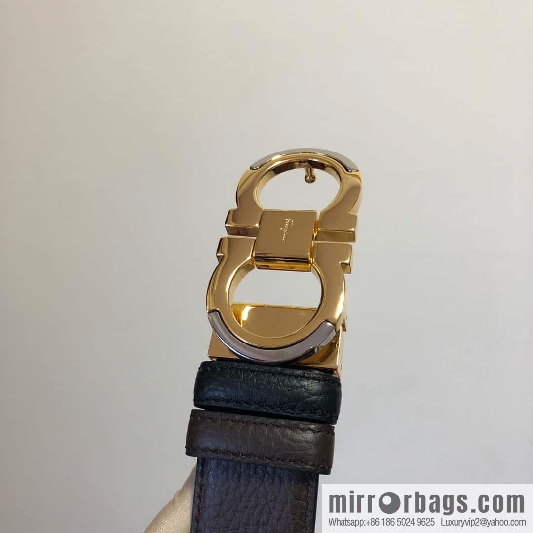 Ferragamo Gancio Double Circle Intertone Edge Metal Clamp Buckle, Cowhide Double Sided Lychee Belt 3.5cm