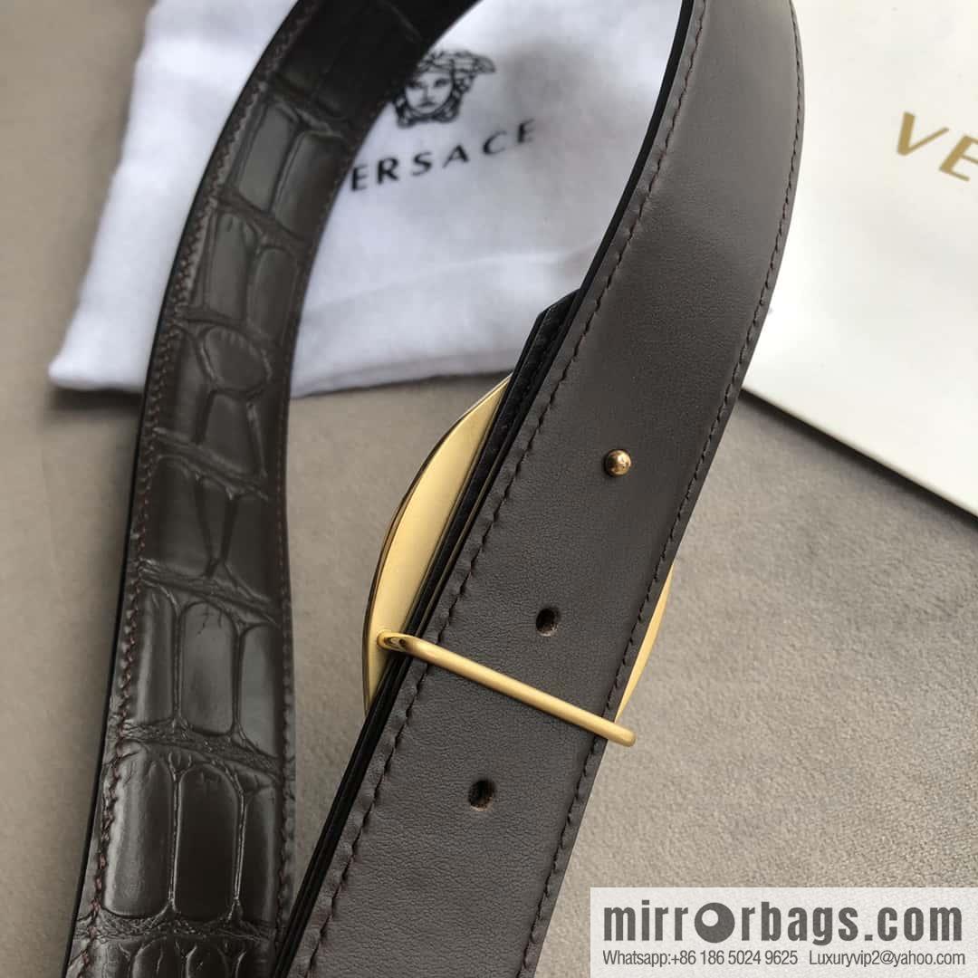 VERACE Versace, Medusa metal buckle, men's imported first layer cowhide embossed fine imitation crocodile leather belt 3.5cm