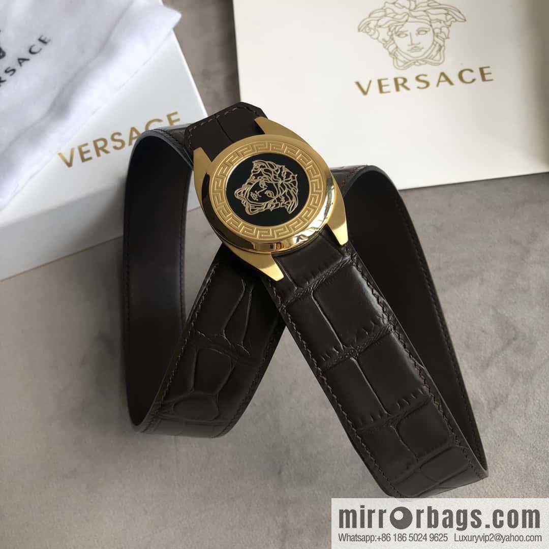 VERACE Versace, Medusa metal buckle, men's imported first layer cowhide embossed fine imitation crocodile leather belt 3.5cm