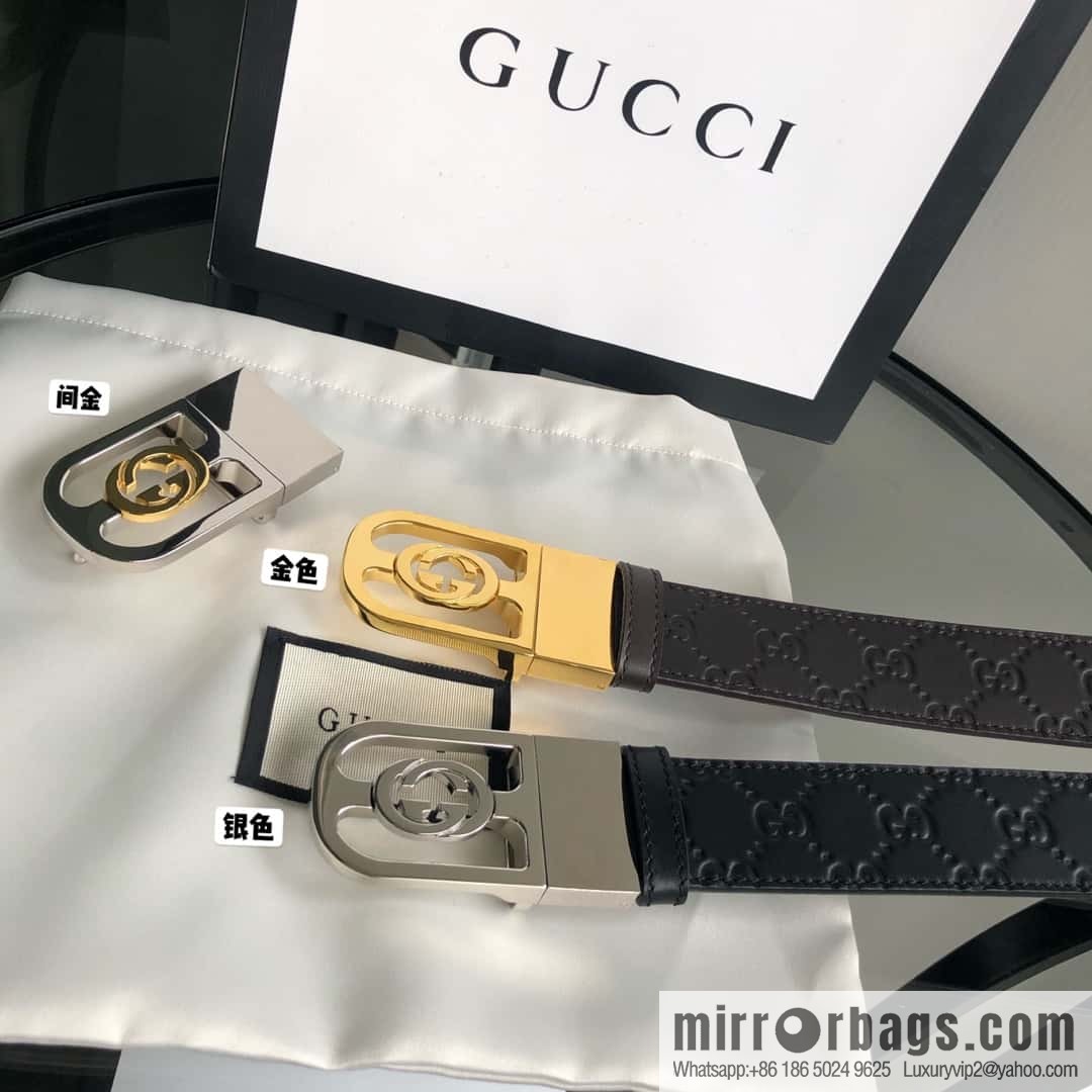 Gucci Gucci interlocking G-buckle first layer cowhide embossed belt 3.5cm
