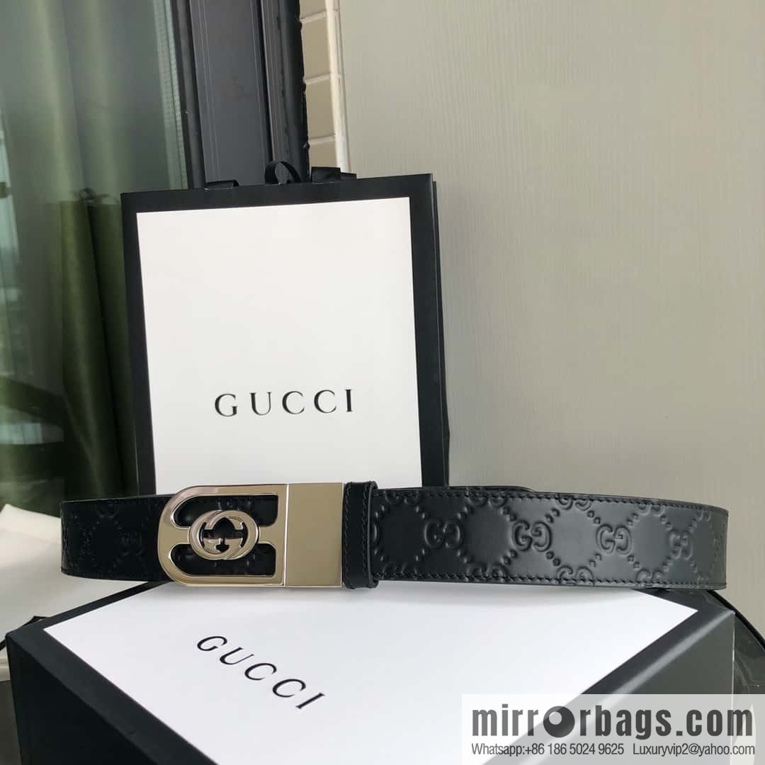 Gucci Gucci interlocking G-buckle first layer cowhide embossed belt 3.5cm