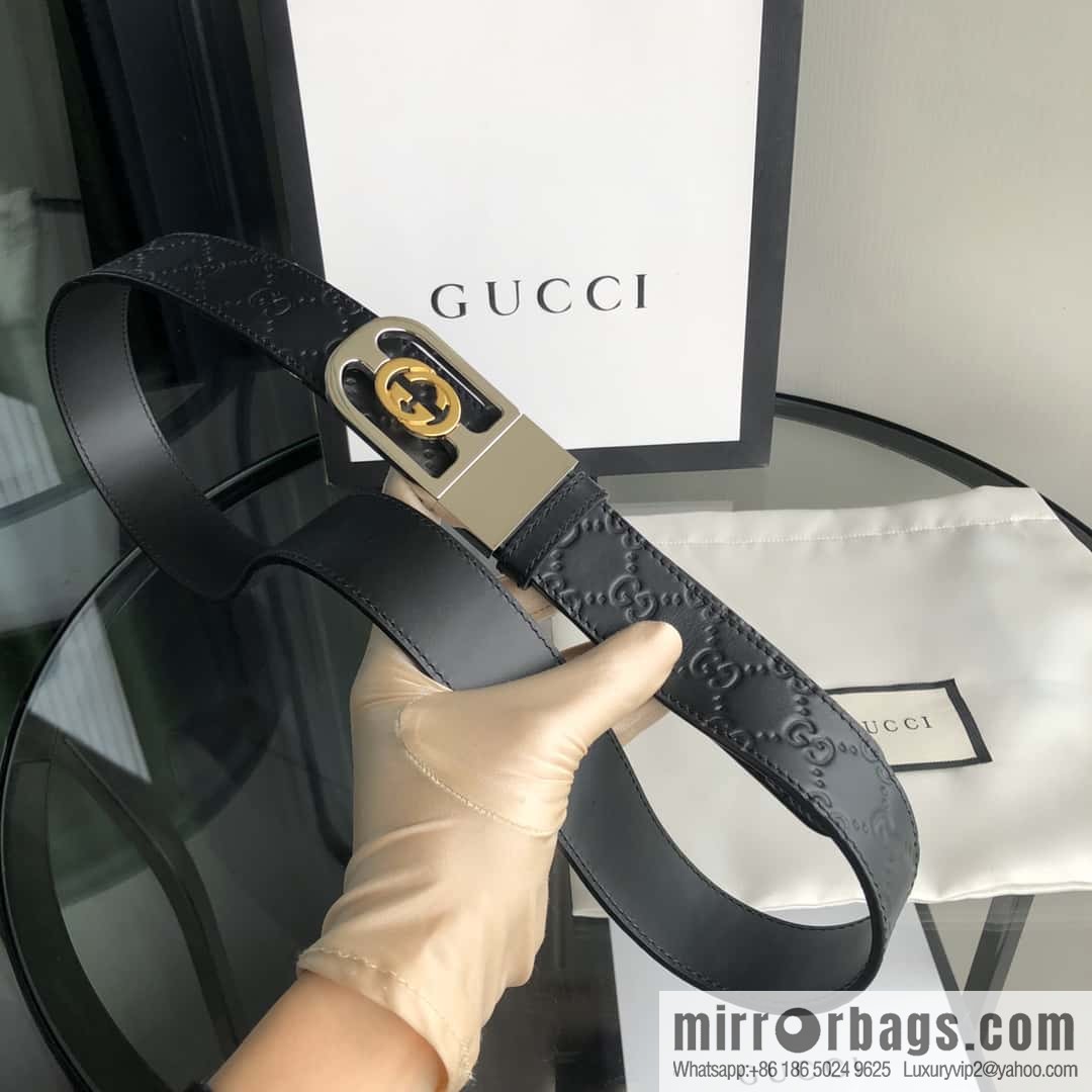 Gucci Gucci interlocking G-buckle first layer cowhide embossed belt 3.5cm